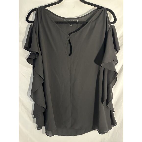 Max Studio Women's Flutter Sleeve Blouse Key Hole Black Size M - Picture 1 of 3